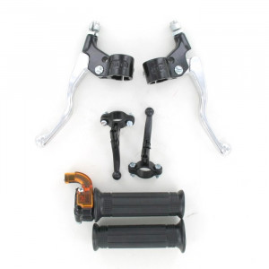 Kit Poign&eacute;e Cyclo MBK 51 / 103 Universel Complet Noir / Chrome - Gaz Mini Targa Nylon Noir + Levier de frein m&eacute;tal