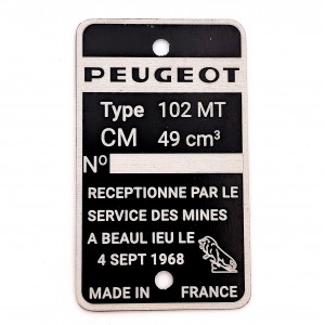 Plaque Constructeur Peugeot Type Mine 102 MT du 4 Septembre 1968 (Vierge)