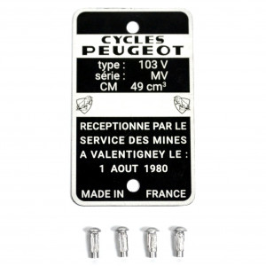 Plaque Constructeur Peugeot Type Mine 103V S&eacute;rie MV (Vierge)