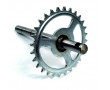 Axe de P&eacute;dalier / Poulie Cyclo MBK 51 41 Mobylette 40 50 - Pignon 28 dents Ajour&eacute; zingu&eacute; L214