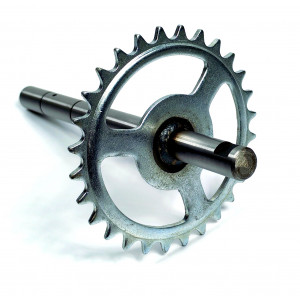 Axe de P&eacute;dalier / Poulie Cyclo MBK 51 41 Mobylette 40 50 - Pignon 28 dents Ajour&eacute; zingu&eacute; L214