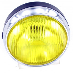 Phare Rond Noir / Chrom&eacute; &Oslash; 140 Vitre Jaune Universel Mobylette / Moto Vintage (Optique complet BA20D)