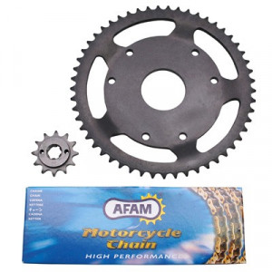 Kit Chaine Afam Derbi Senda R / L 1997➔ 1999 chaine 420 12x53 &Oslash; 53mm Incurv&eacute;e 3x2 fix