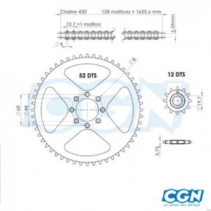 Kit Chaine Afam MBK XLimit 1997➔ 2002 420 12x52 D44 / 8 fix (Origine)