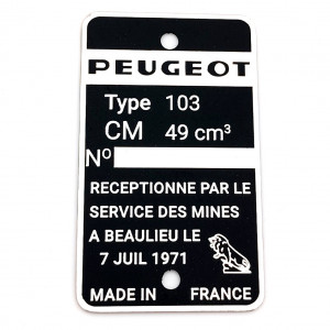 Plaque Constructeur Peugeot Type Mine 103 du 7 Juillet 1971 (Vierge)