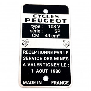 Plaque Constructeur Peugeot Type Mine 103V S&eacute;rie SP - 103 SP 1 Aout 1980 (Vierge)